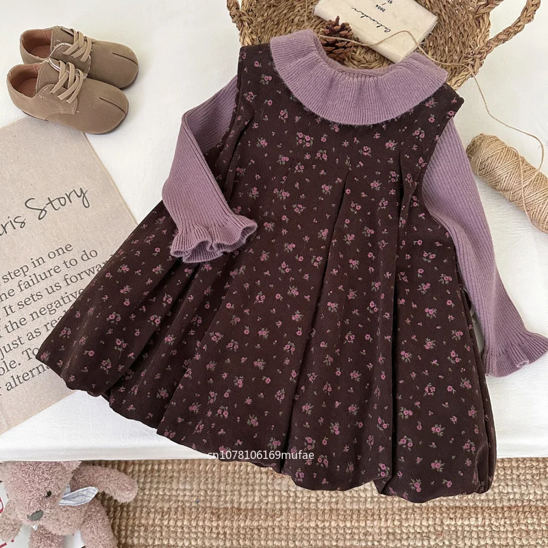 winter-children's-clothing-girls'-set-new-ruffled-sweater-baby-floral-thickened-dress-two-piece-set