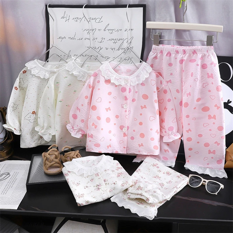 Niedliche Blumen-Schlafkleidung für Kinder, 2-teiliges Set, Homewear-Pyjamas für Kleinkinder, dünn, für Frühling und Sommer, Jungen- und Mädchenbekleidung für klimatisierte Räume – Detail 1