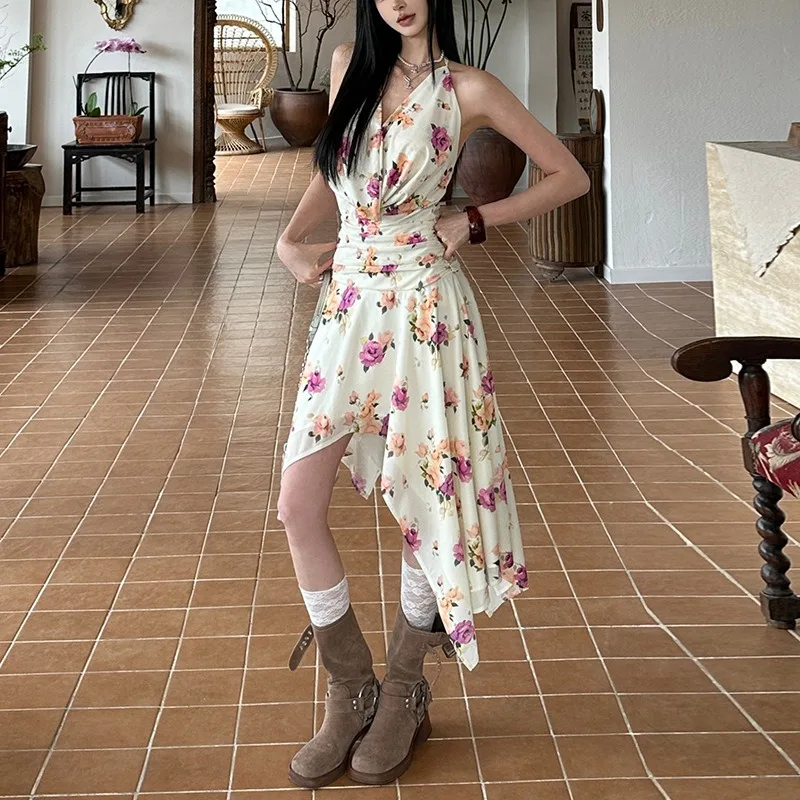 Sexy Backless Lace up Scollo a V Appeso al collo Abiti con stampa floreale Abiti estivi da donna Nuovo mini abito skinny a vita alta con orlo irregolare