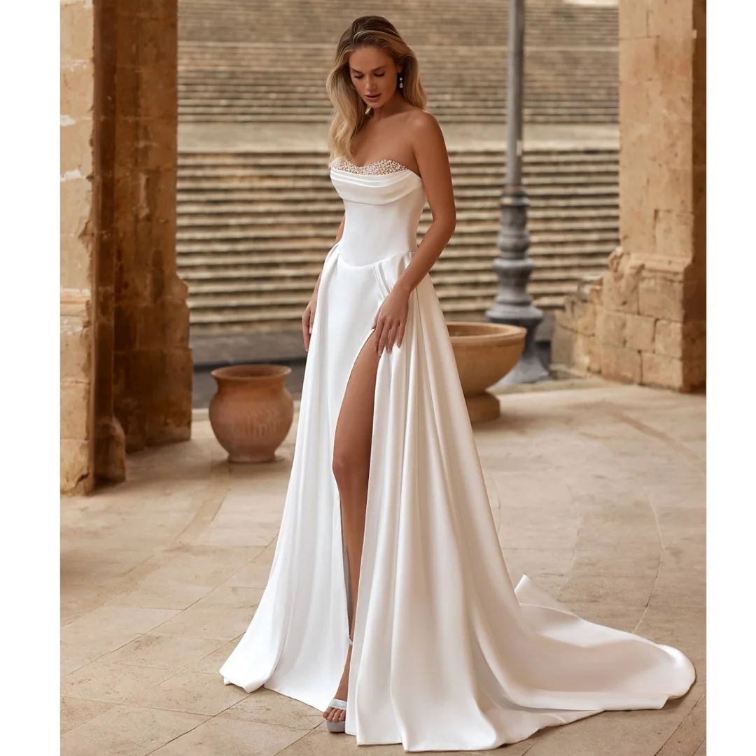 

Elegant Satin Slit Wedding Dresses White Sweetheart Beaded Bridal Gown Exquisite robe de mariée Customized