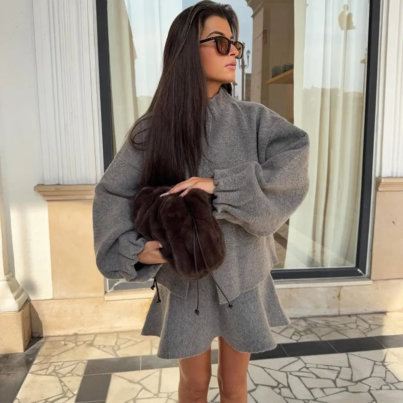 Tuularose Women Knit Dress Sets Gray Aviator Jacket Coat High Waisted Skirt Sets Autumn New Party Office Lady Female Dress Sets