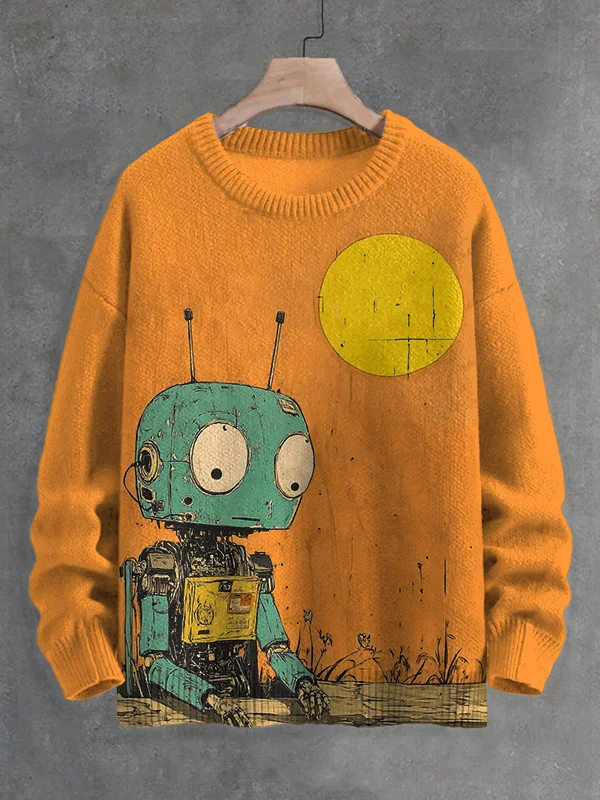 Men's Retro Cute Little Robot Art Print Knit Sweatshirt Pullover Sweater Women For Men Sweater