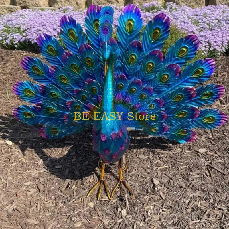 E28F Metal Peacock Statue Decorative Sculpture Figurine Crafts Household Supplies for Indoor Outdoor Garden Yard Patio Decor