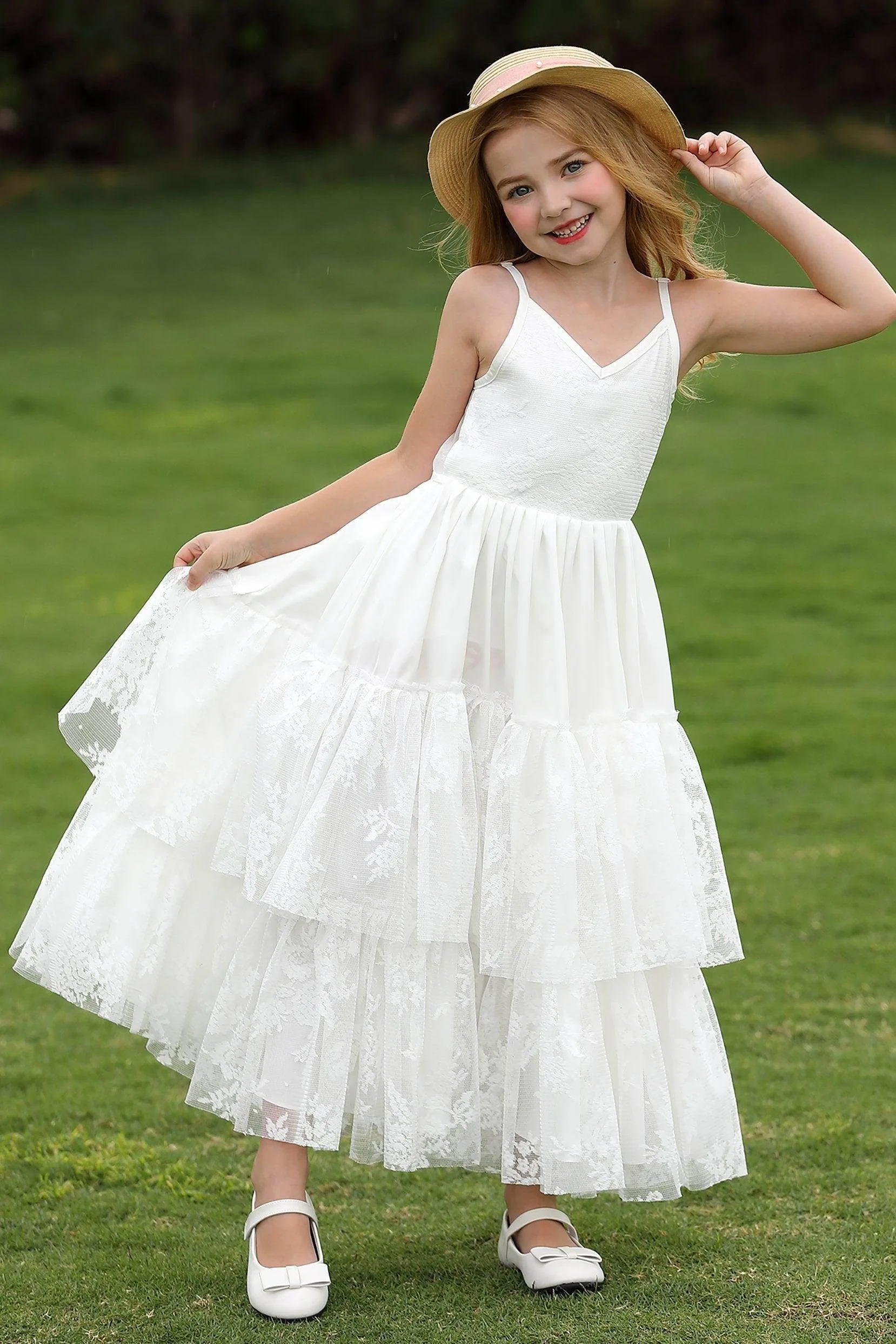 Girls wedding flower girl dress, lace V-neck suspender princess dress, multi-layered ruffle dress, wedding party communion dress