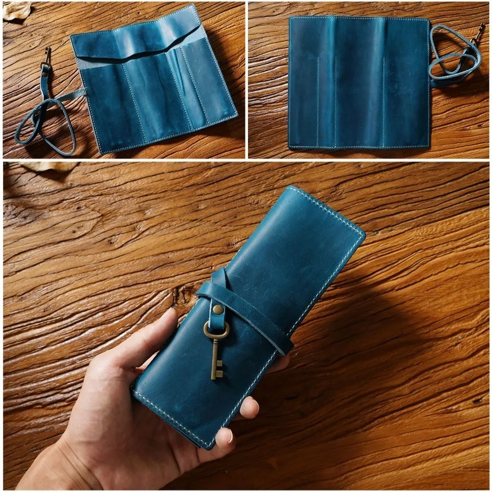 Genuine Leather Genuine Leather Pencil Case Pens Bag Creative Foldable Leathe Pencil Bag Retro Tie Rope