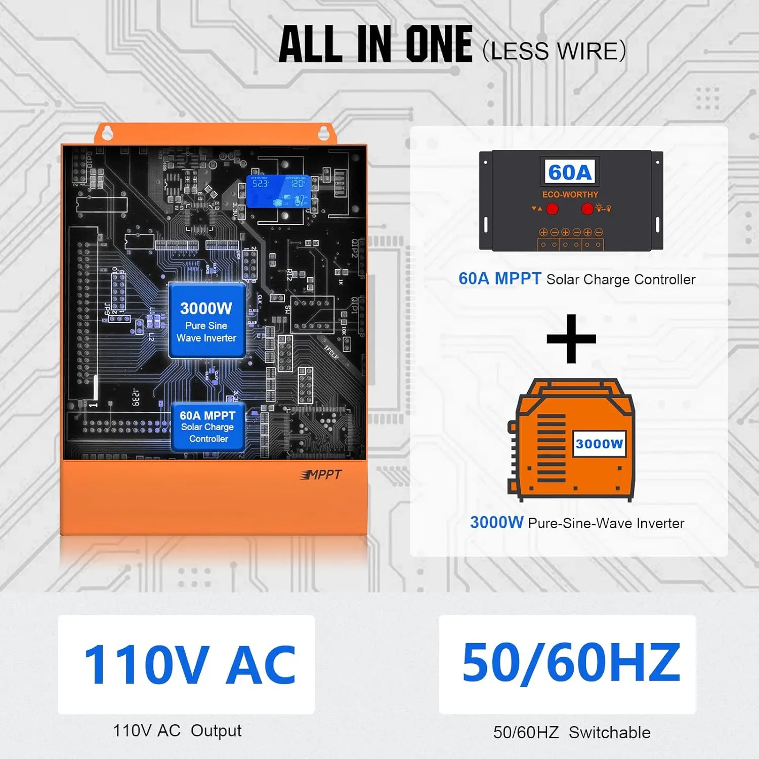 Eco-Worthy All-In-One Solar Hybrid Charger Inverter Built In 3000W 24V Pure Sine Wave Power Inverter And 60A Mppt Solar