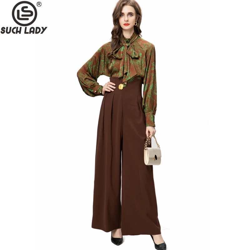 

Women's Three Piece Pants Sets Lace Up Bow Collar Printed Shirt with Long Loose Pant Fashion Twinset