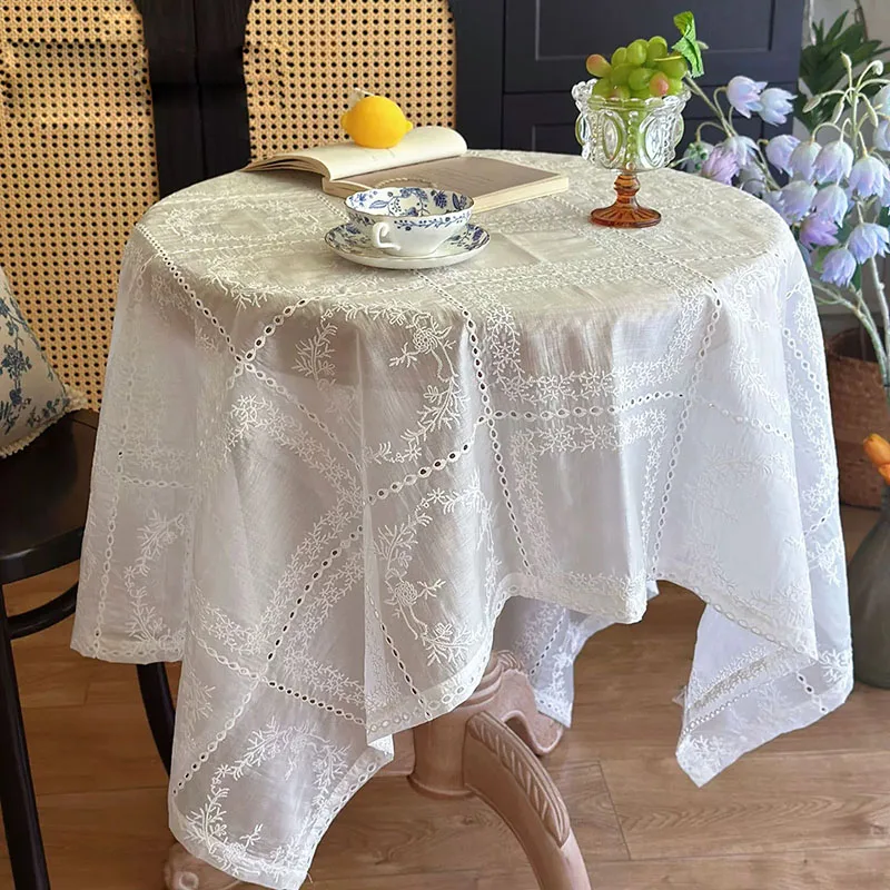 1Piece French Romantic Retro Court Style White Lace Embroidered Tablecloth Rectangular Coffee Table Tablecloth Dustproof Cloth 6