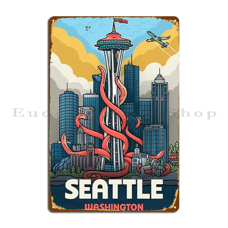 Seattle Space Needle Kraken Diamond Metal Plaque Garage Club Designing Wall Decor Custom Tin Sign Poster