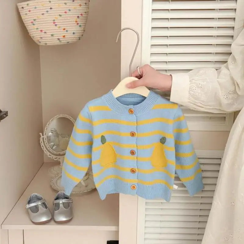 2026 Autumn New Children Knitted Cardigan Cotton Girls Long Sleeve Sweater Coat Boys Fashion Striped Knitwear Kids Clothes