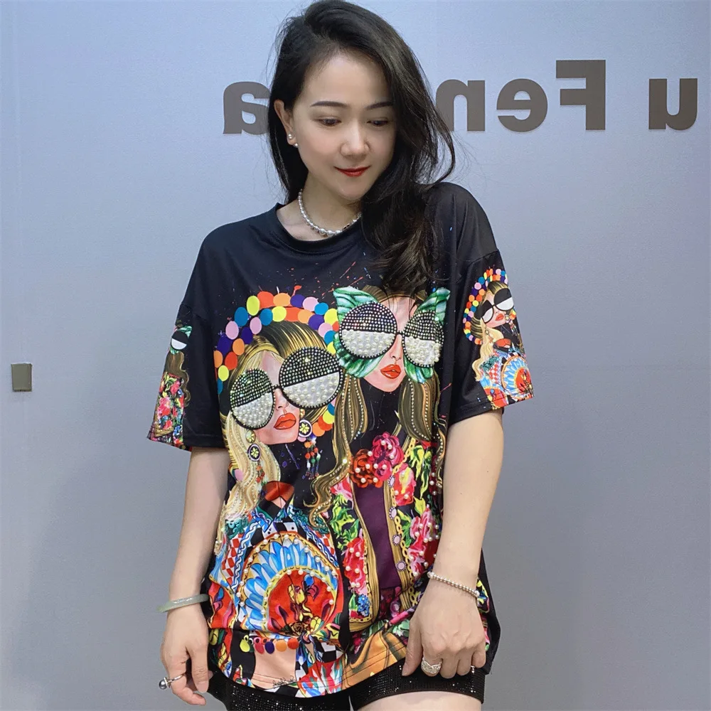 2023 Spring Summer New Round Neck Pullover Cartoon Print Top Women\'s Heavy Industry Beads Rhinestone Loose Short Sleeve T-shirt