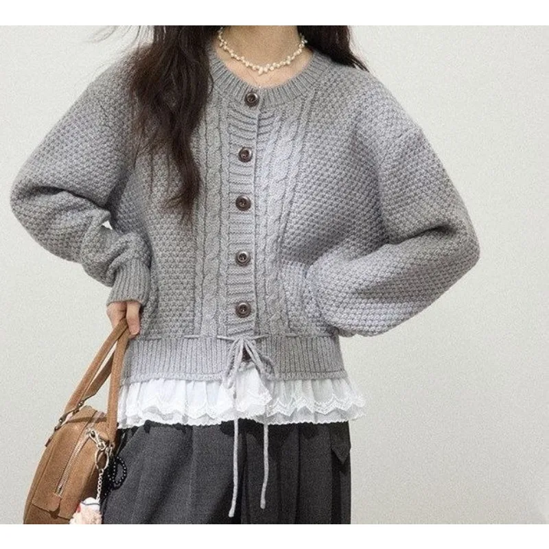 Hem Lace Twist Crew Neck Sweater Women's 2026 Autumn and Winter Drawstring Waist Soft Waxy Warm Knitted Cardigan Jacket 2
