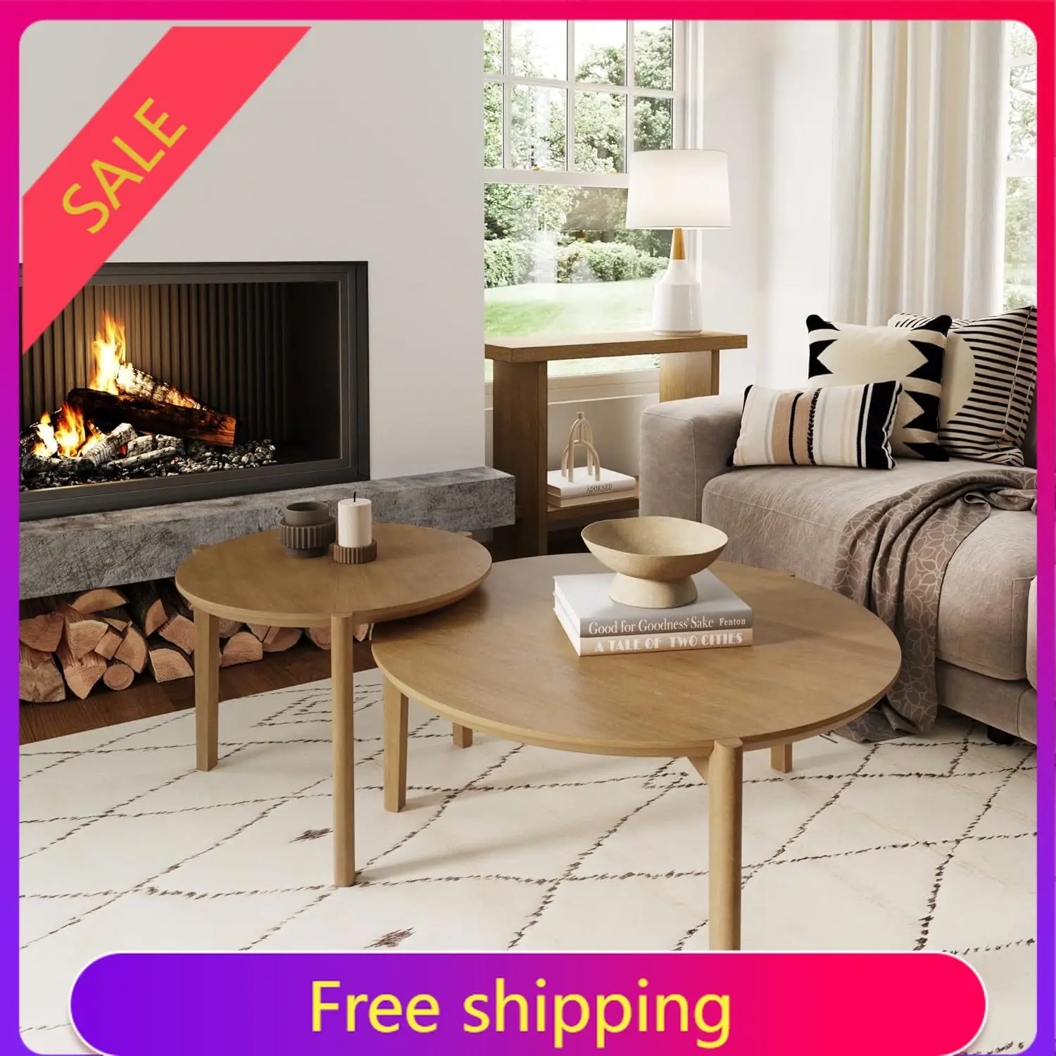 

Высококачественный современный набор из 2 круглых журнальных столиков Kendall, складные приставные столики для гостиной, светло-коричневый цвет