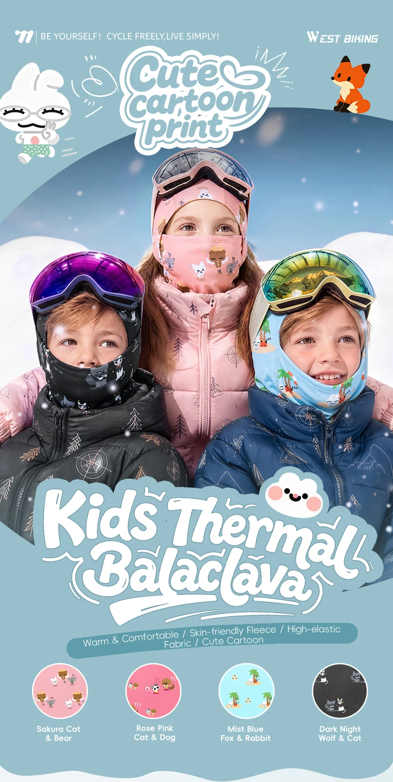WEST BIKING Jungen Thermo-Balaclava Niedliche Cartoon-Gesichtsmaske Mädchen Winddichter Fleece-Nackenwärmer für Skifahren Radfahren Helmmütze – Detail 1