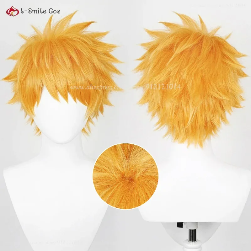 Kurosaki Ichigo คอสเพลย์วิกผมผู้ชาย 30 ซม.สั้นวิกผมสีส้มอะนิเมะคอสเพลย์วิกผมสังเคราะห์ทนความร้อนผมฮาโลวีน + หมวกวิกผม