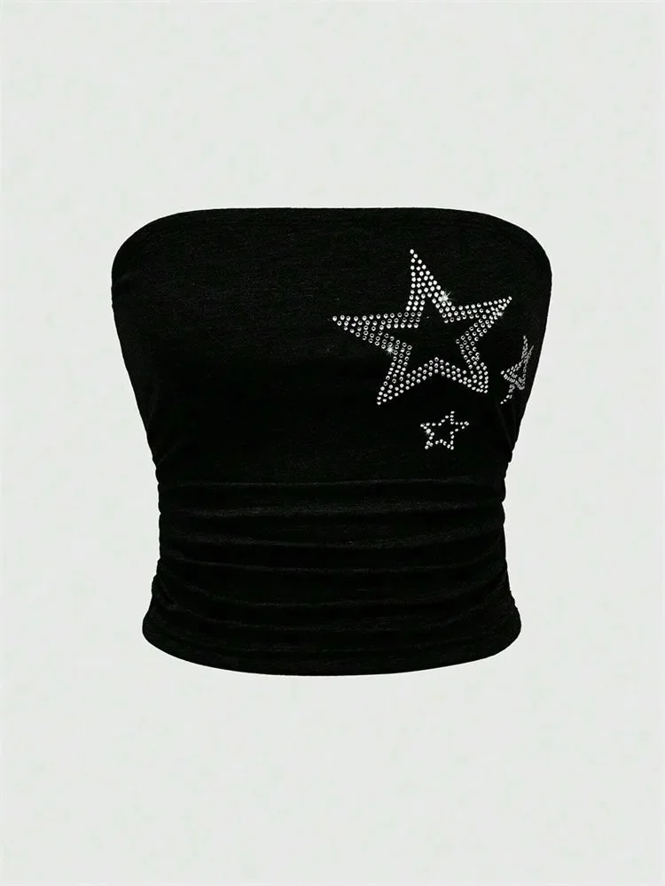 الراين ستار نمط صديرية دائرية للنساء مثير قبالة الكتف Ruched المحاصيل الأعلى الصيف Y2K ملابس الشارع الشهير #1