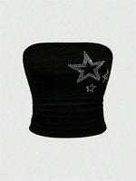 Rhinestones Star Pattern Tube Top for Women Sexy Off the Shoulder Ruched Crop Top Summer Y2K Clothes Streetwear