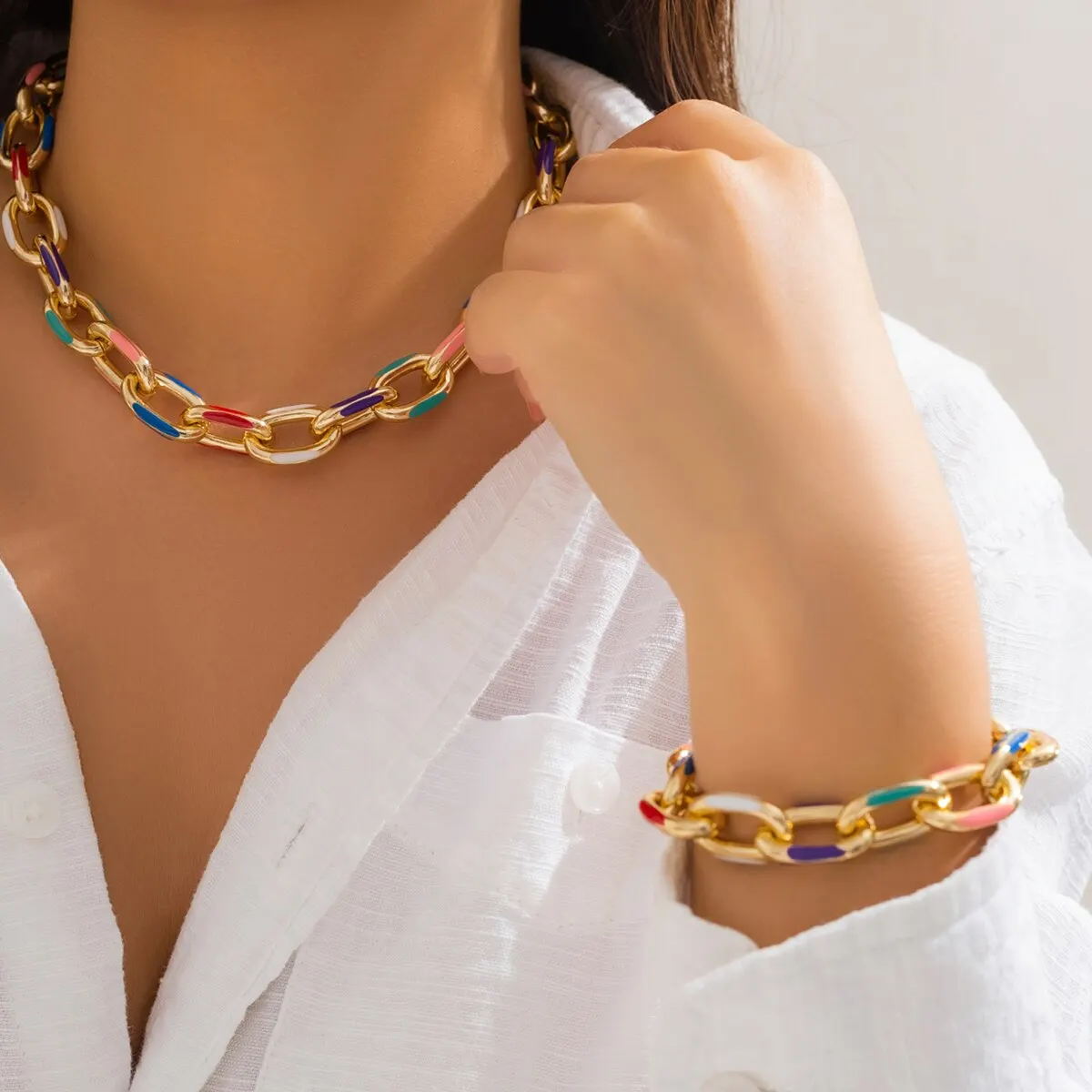 2Pcs/Set Colorful Bohemian Fashion Choker Necklace Bracelet Jewelry Set Classic Cross Chain Accessories for Women Gift Party