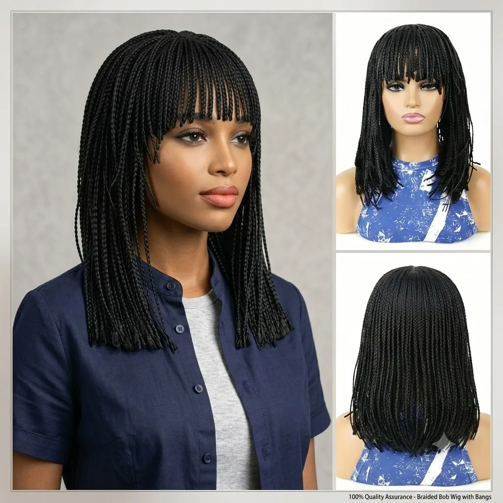 

14 Inch Short Braided Bob Wigs With Bangs,Matte Synthetic Fiber For Black Women's Daily Wear And Party