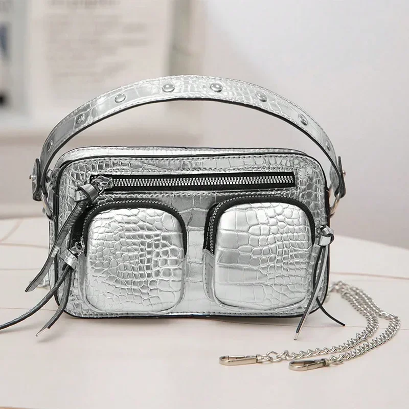 Designer de bolsas crossbody rebite para mulher, vintage, motocicleta, luxo, fêmea, bolso múltiplo, ombro, tendência, 2023