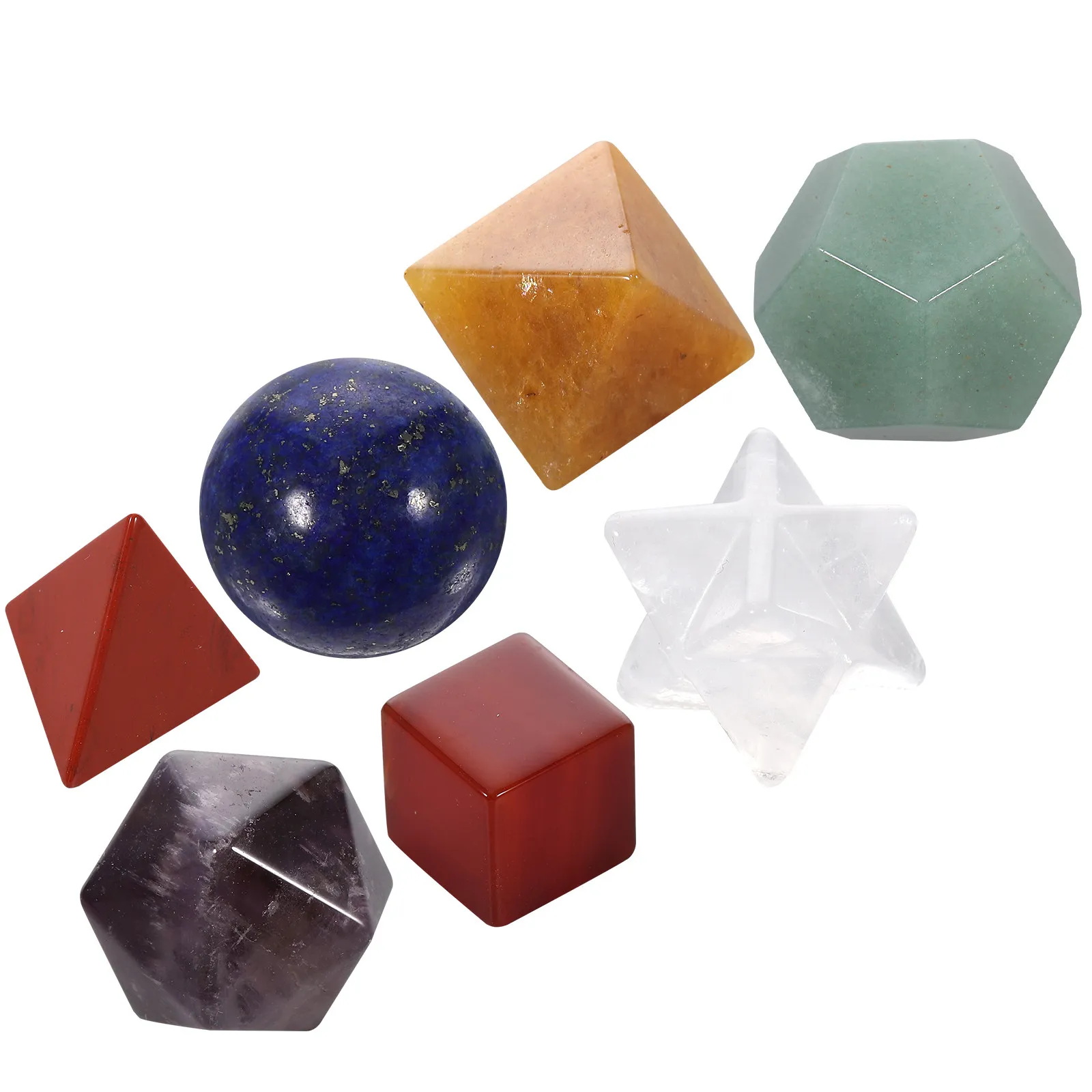 

7 Chakra Stone Set Natural Crystal Healing Stones Solids Cube Icosahedron Tetrahedron Ball