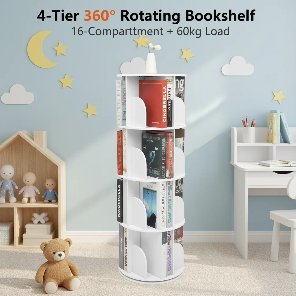 

4-Tier 360° Rotating Bookshelf 132.3lbs Load Rotating Bookcase 16-Compartment Book Organizer for Home Office Kids Room Storage