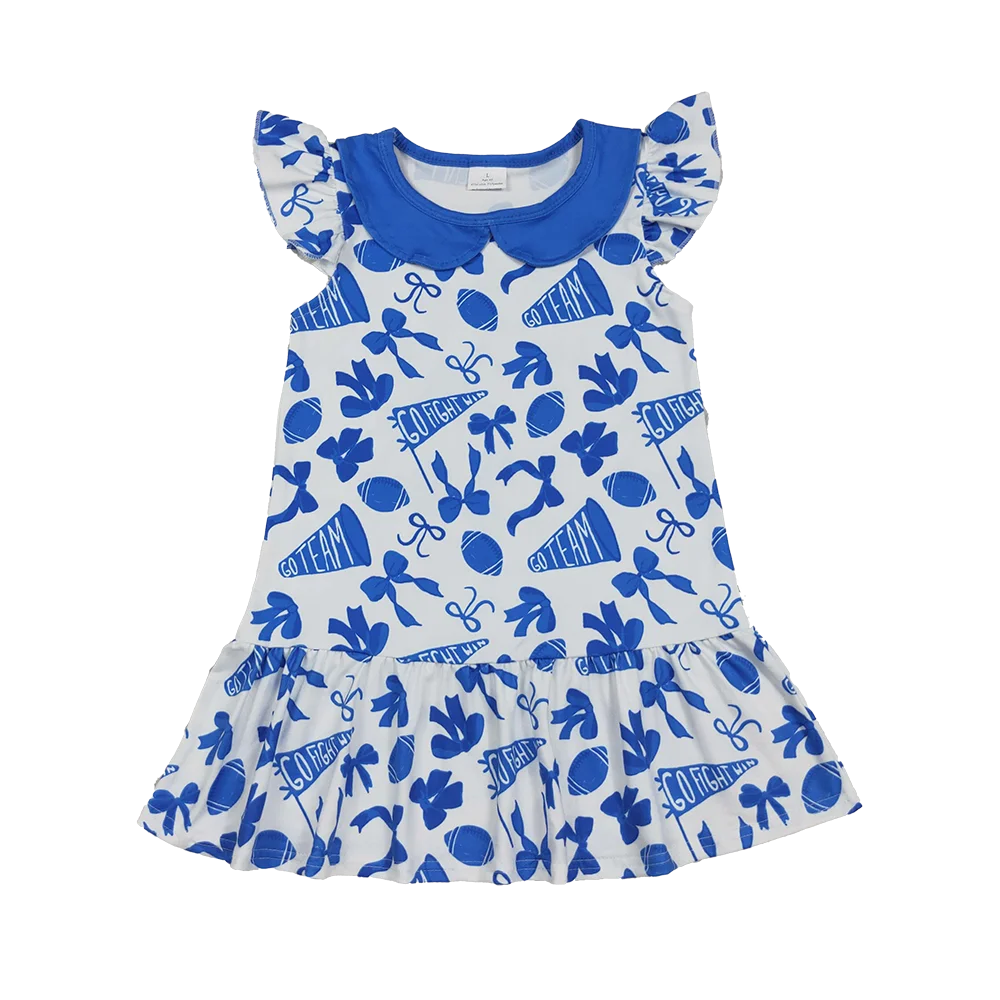 

9.4 Baby Girls Summer Dress Baby Girls Flutter Sleeves Blue Cheer Bows Team Knee Length Dresses