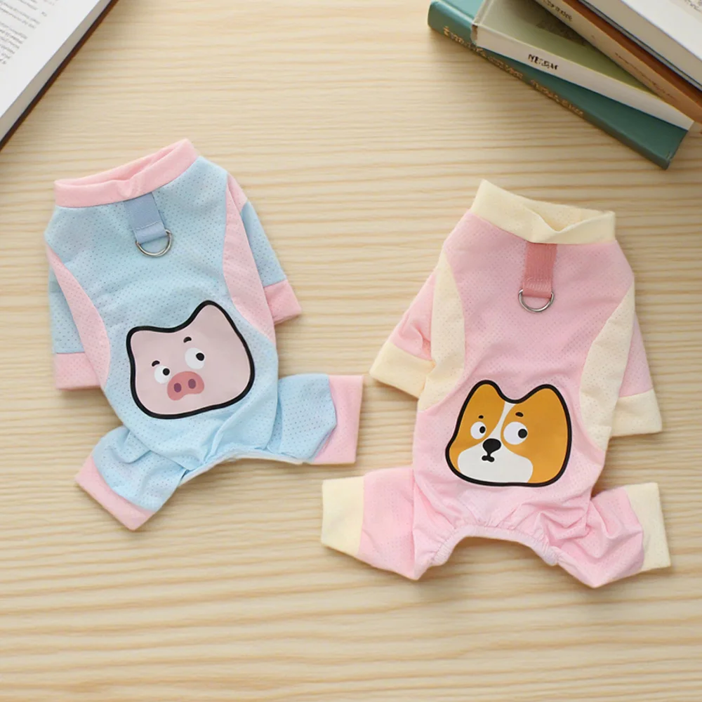 Cat and dog summer four legged cool clothes with traction rope buckle pet ice silk cool feeling cartoon four legged clothes