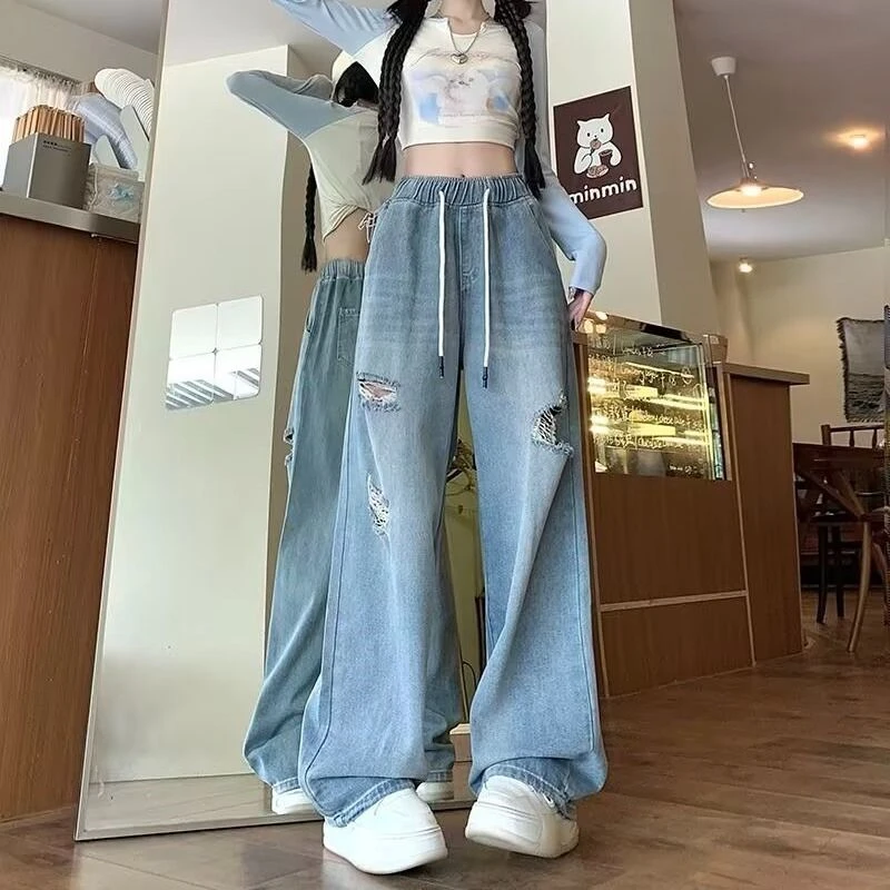 

Women's Elastic Waistband Drawstring Ripped Jeans Wide Leg Straight Street Vintage Baggy Pants Female Casual Denim Trousers