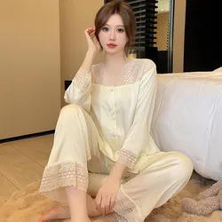 Silk Satin Women Pajamas New Long Sleeve Fall Spring Sleepwear V Neck Top Trousers Two Piece Set Lace Nightwear Pijama Feminino