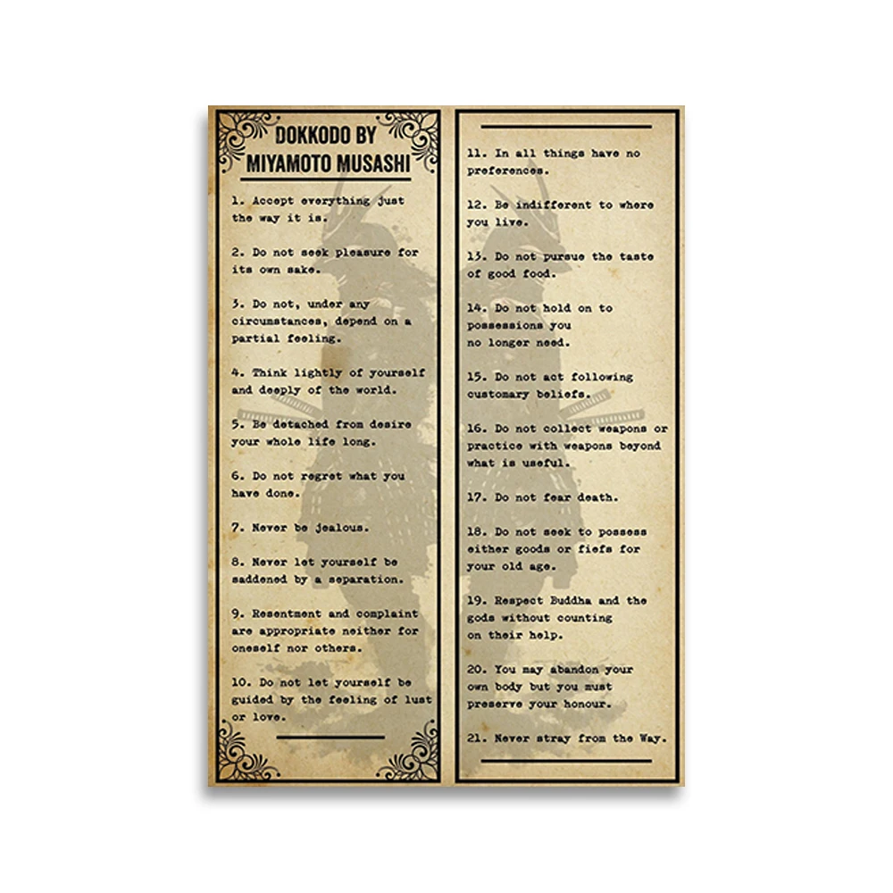 Dokkodo By Miyamoto Musashi Philosophy Quotes Rules Principles Samurai Martial Arts Japanese Motivational Wall Art Decor