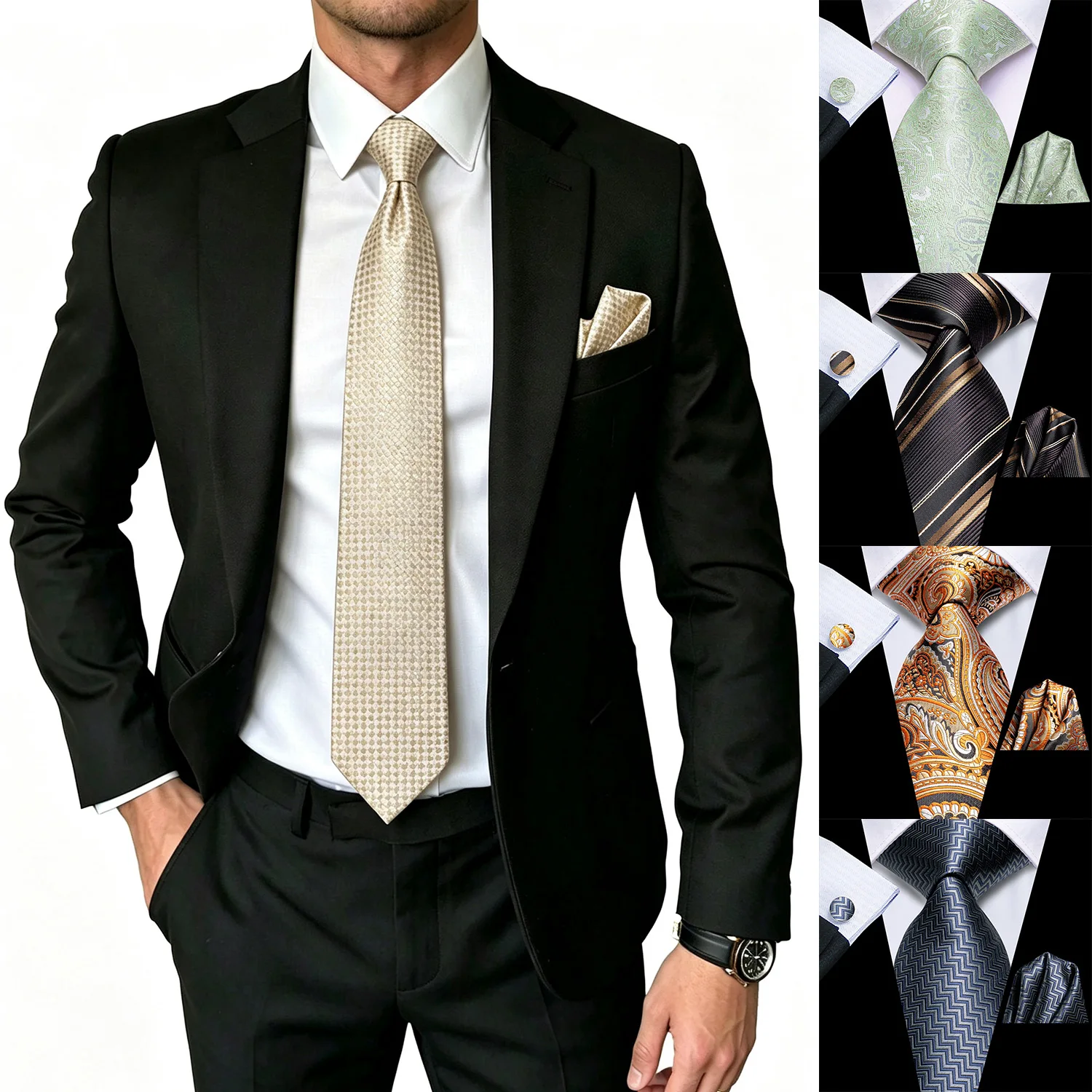 Houndstooth Paisley Striped Mens Formal Tie Set 3 Piece, Coordinated Pocket Square Cufflinks