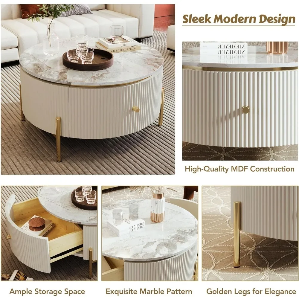 31.5 Modern Round Coffee Table with 2 Large Drawers Storage Accent