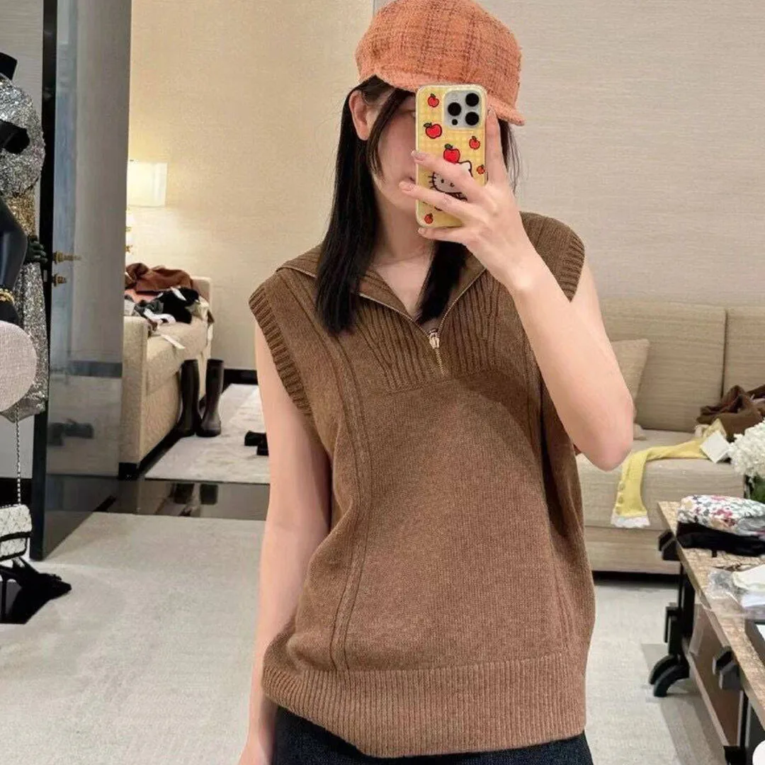 2024 New Fashion Autumn Luxury 100% Goat Cashmere Brown Knitted Tank Pullover Women Lapel Zipper Fly Sleeveless Sweater Vest