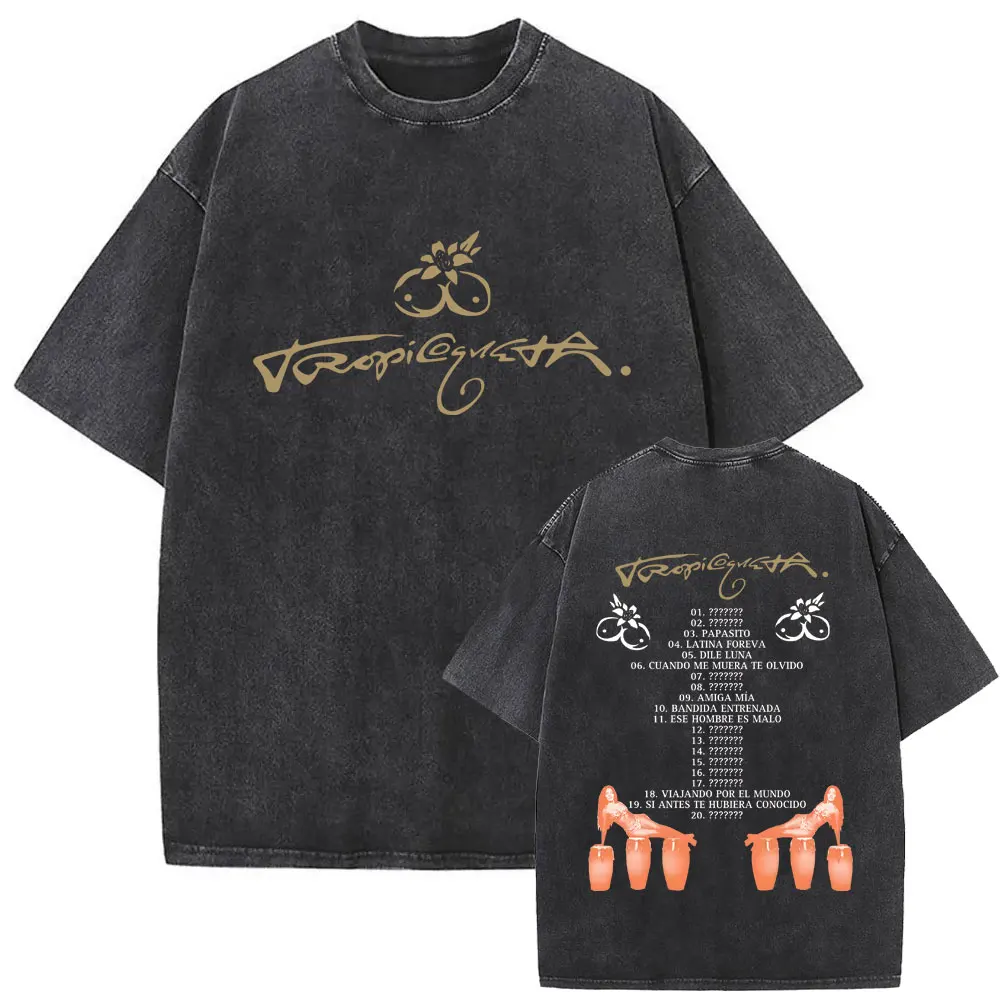 

Singer Karol G Tropicoqueta 2025 Album Washed T Shirt Men Women Fashion Short Sleeve Male Vintage Casual Oversized T-shirt Y2k