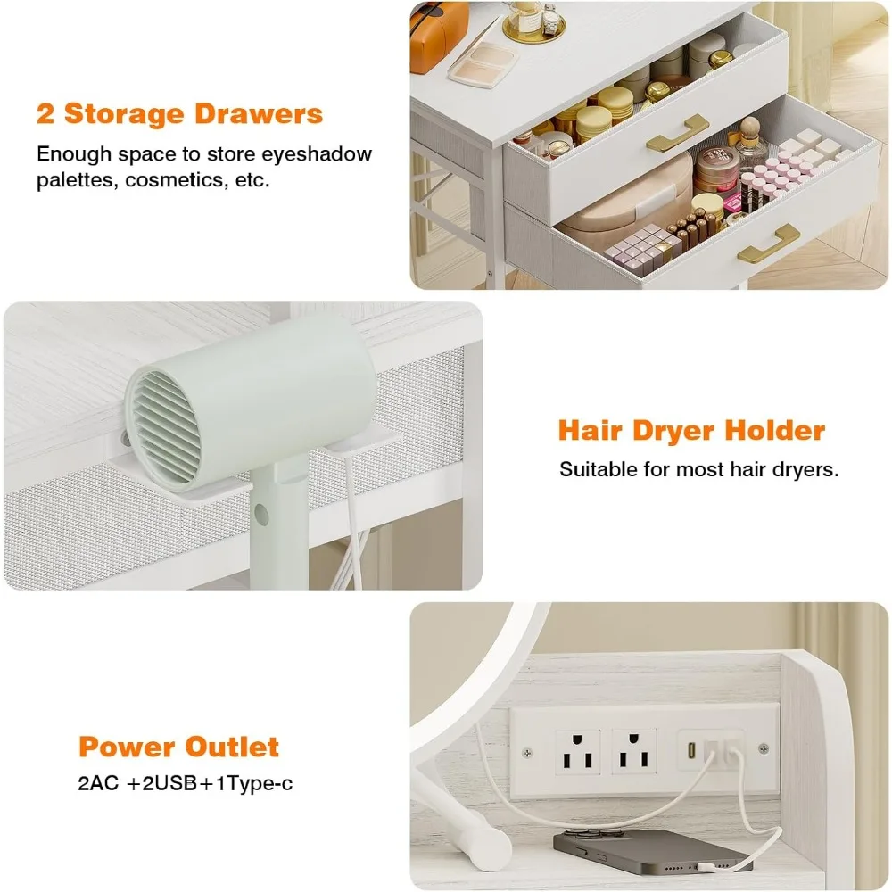 Fixwal White Small Vanity Desk Set with Lighted Mirror and Chair, Makeup Dresser with 2 Fabric Drawers, Power Outlet, Compact Ta