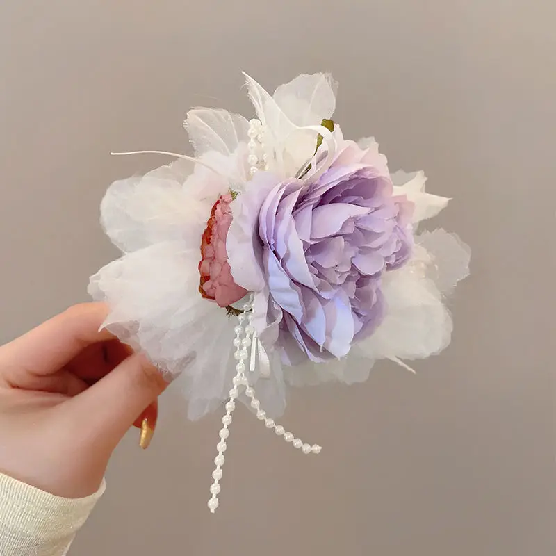 Super Onsterfelijke Roos Organza Hailr Klauw Voor Vrouwen Vrouw Paars Verlangen Wind Zoete Rug Lepel Haar Clip Meisjes Haaraccessoires