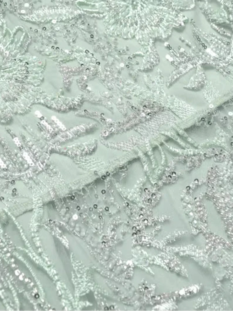 DSXDFACAIRIJ-vestido Vintage de malla con bordado de cuentas y lentejuelas para mujer, vestido de baile con detalle de volantes y manga acampanada con cuello redondo, ropa femenina