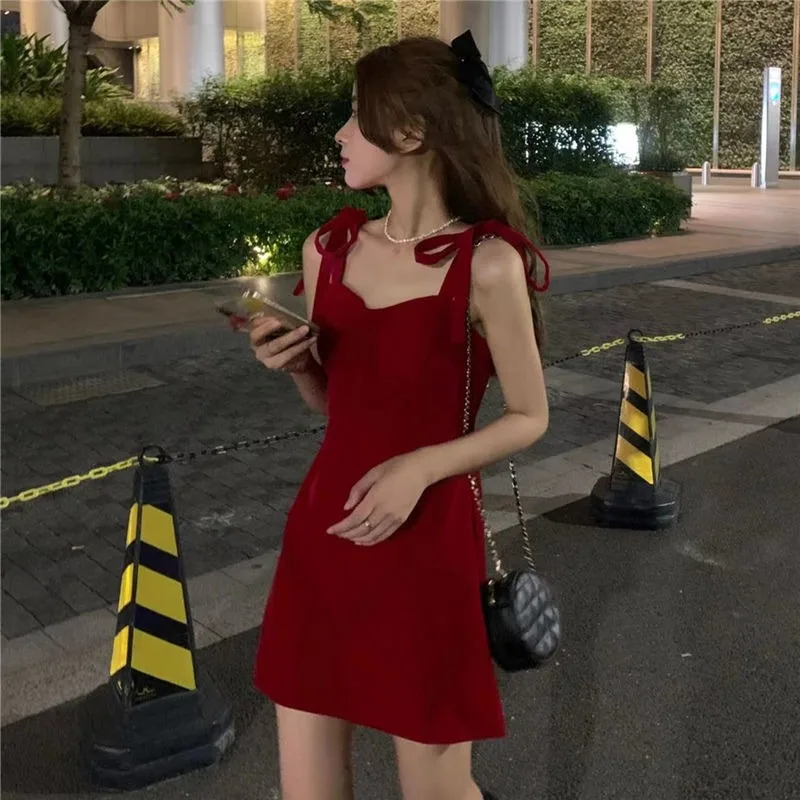 

Christmas Slip Dress Spicy Girl Backless Korean Version Solid Velvet Slim Sweet Solid Fashion Lace Up Bow A-line Female Skirts