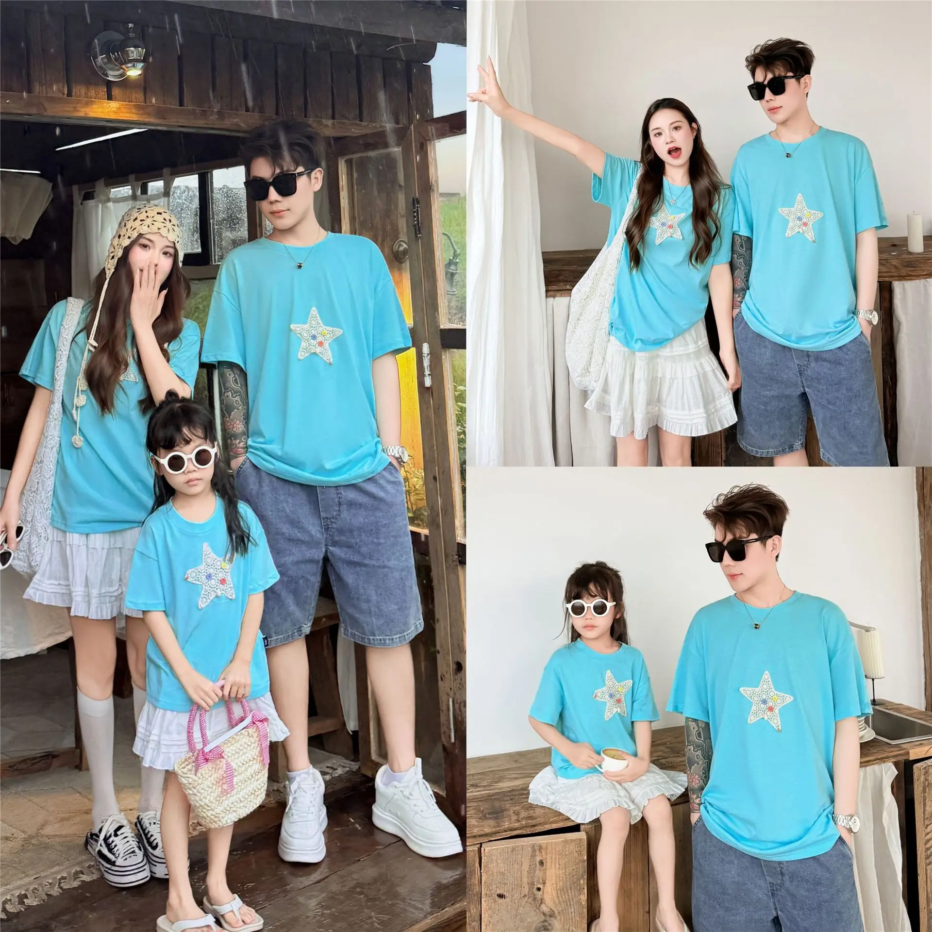 

Parent-child Matching Family Loose Cotton Short Sleeve T Shirts Korean Dad Mom and Children Daughter Son Outfit Baby Bodysuit