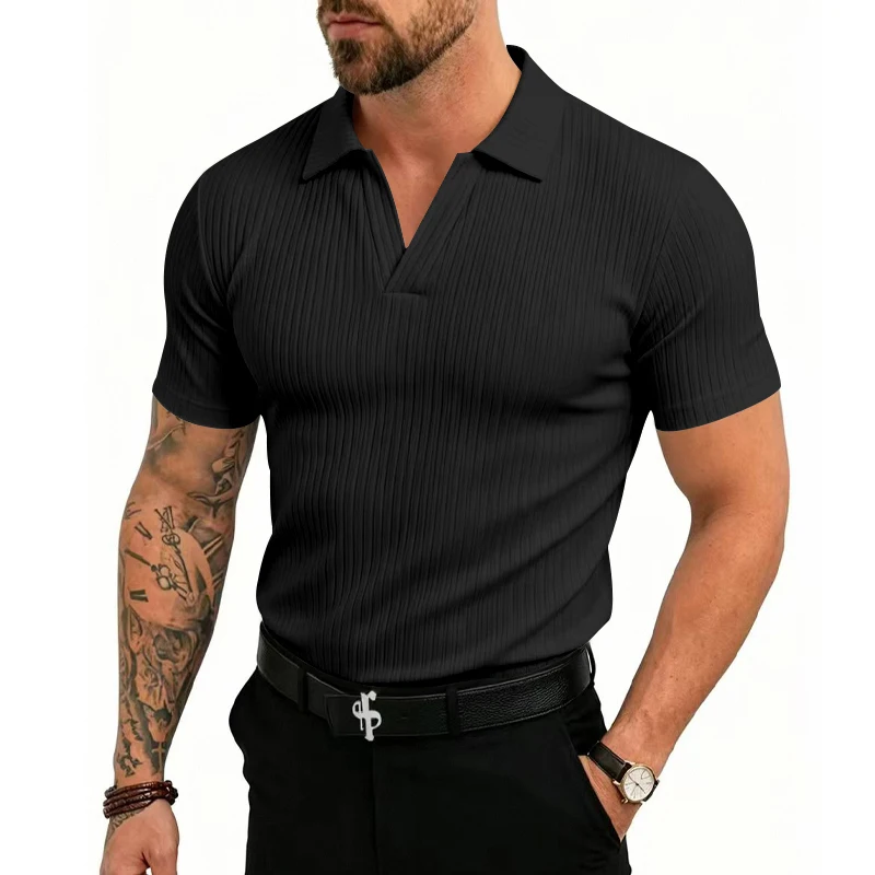 Herren 1-teiliges Gestricktes V-Ausschnitt Kurzarm Slim-Fit Atmungsaktives Eisseide Schnelltrocknendes Golf Business Casual Poloshirt – Detail 28
