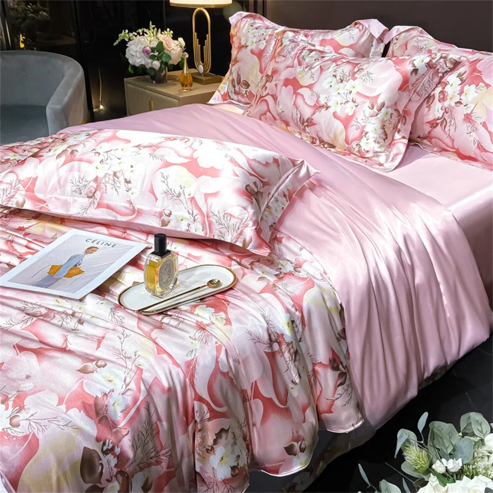 Luxury Natural Silky Bedding Set Single Double Queen King Size Printing Quilt Cover Set Silk Satin Duvet Cover Set Bedroom Decor