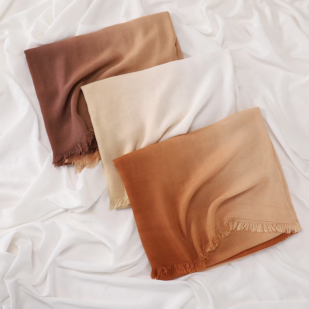 Vintage Farbverlauf Hijab mit Quasten, weicher, leichter muslimischer Kopftuch, türkischer Stil, Fransen-Schal, Wickel für Damen, islamischer Turban – Detail 2