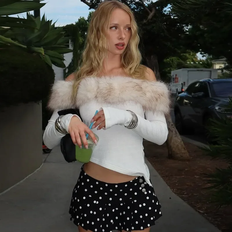 

Fmxiers Women's One Shoulder Top Sexy Plush Patchwork Irregular Slim Pullover Autumn High Waisted Party Fashion Female Pullovers