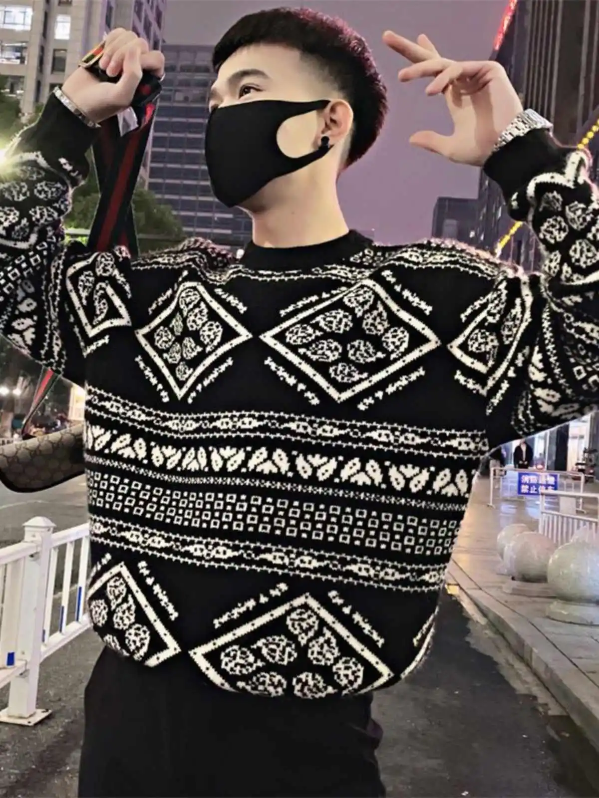 

Thiened Caew Flower Knitted Sweater Men's Base irt Autumn Winter New Sle Trendy Brand Youth Casual Long Sve round ...