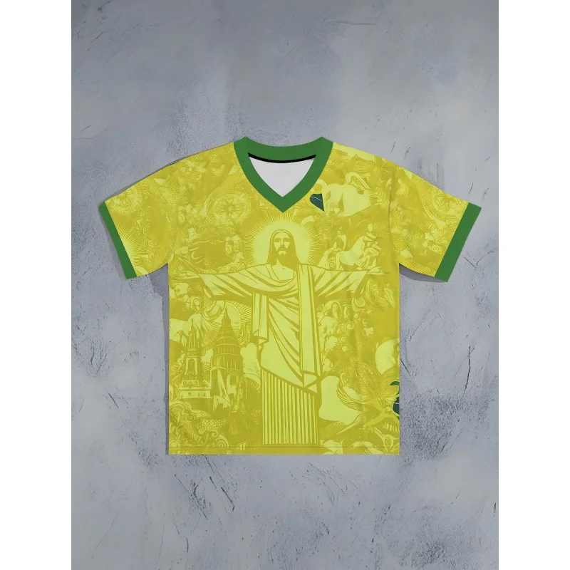 Men 3D Print Rio Christ Statue Brazil Flag T‑Shirt Summer Casual O‑Neck Loose Short‑Sleeve Tee Streetwear Apparel Fan Tee