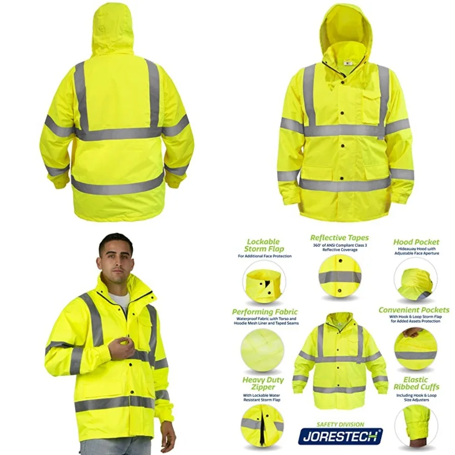 

Hi-Visibility Waterproof Rain Jacket with Mesh Lining, ANSI/ISEA 107-2015 Class 3 Type R, Lightweight Wind-Resistant Safety Jac