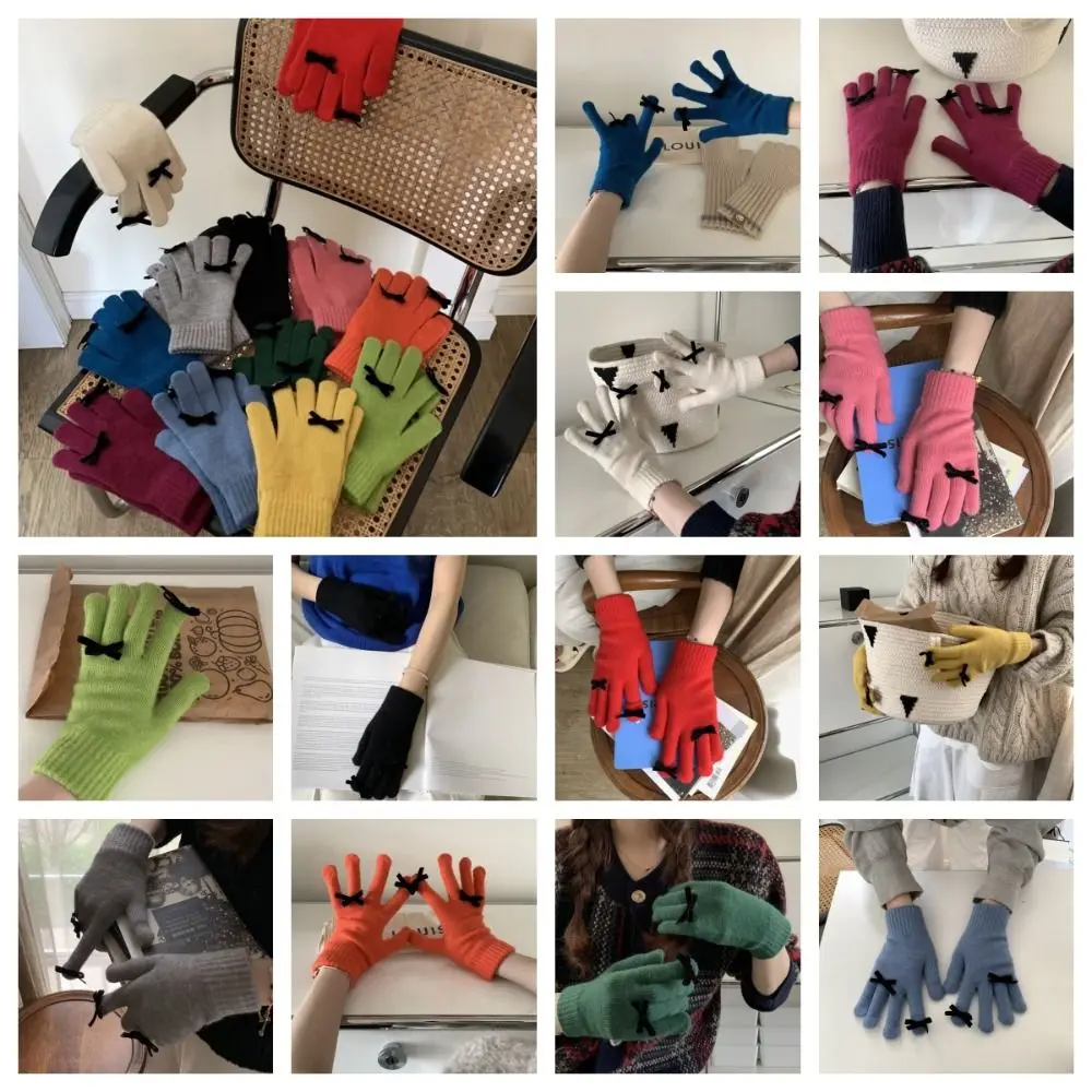 

Fluffy Bow Warm Gloves Harajuku Solid Color Thicken Touch Screen Gloves Full Finger Windproof Knitted Mittens Outdoor