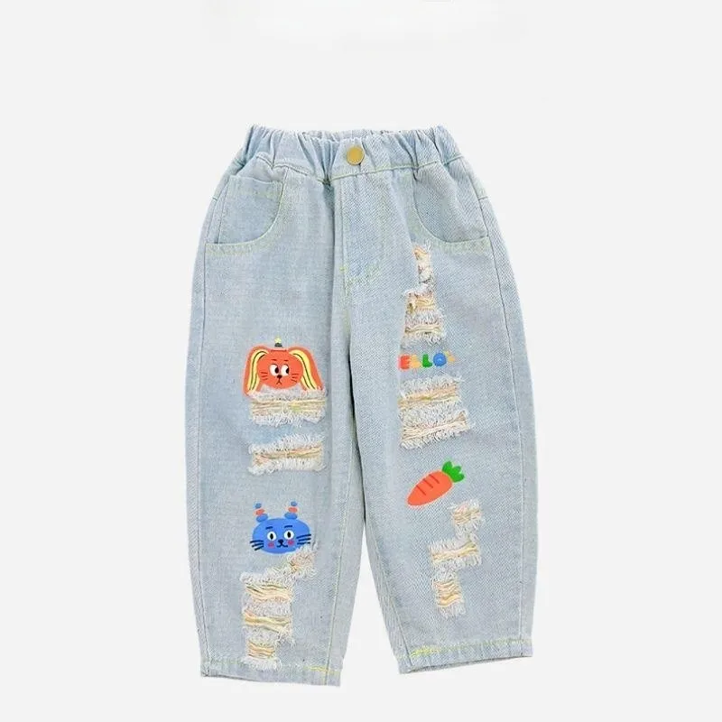 Mädchen perforierte Jeans Set neue Sommer dünne Kinder Baby Kurzarm T-Shirt Set von 2 westlichen koreanischen Edition