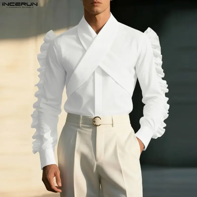 INCERUN Men Shirt Solid Color Lapel Long Sleeve Ruffle Casual Men Clothing Streetwear Loose Fashion Elegant Camisas Male Tops